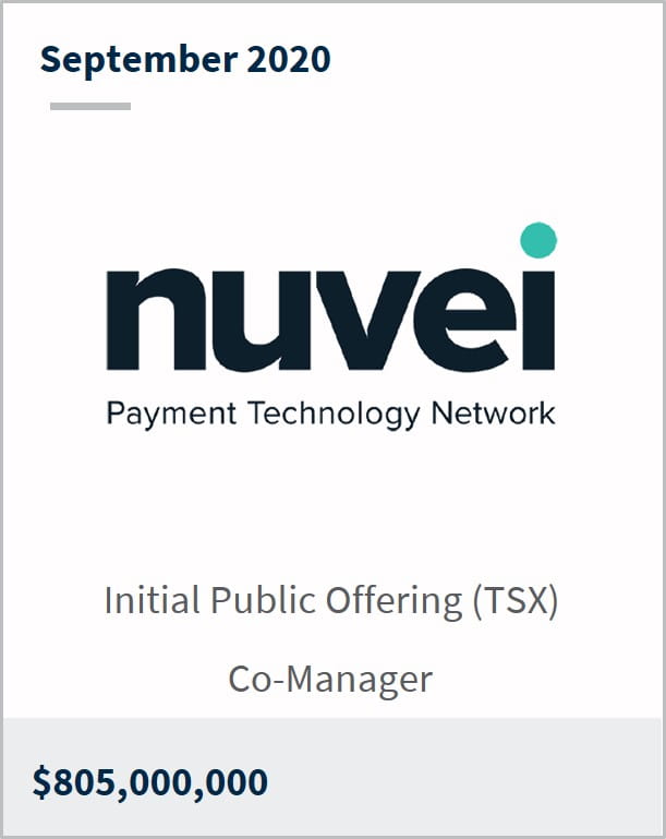 September 2020 Nuvei Corporation $805M initial public offering (TSX) co-manager